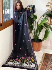 Black Handmade Kantha Dupatta in Pure Cotton