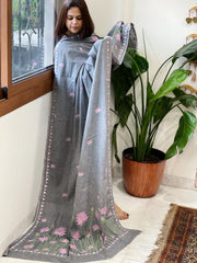 Grey Handmade Kantha Dupatta in Pure Cotton