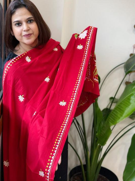Red Handmade Kantha Dupatta in Pure Cotton