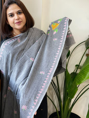 Grey Handmade Kantha Dupatta in Pure Cotton