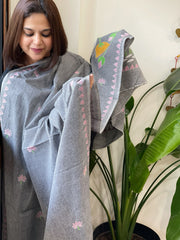 Grey Handmade Kantha Dupatta in Pure Cotton