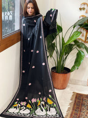 Black Handmade Kantha Dupatta in Pure Cotton