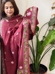Maroon Handmade Kantha Dupatta in Pure Cotton