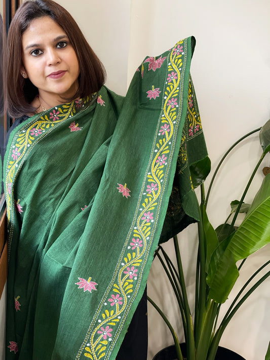 Green Handmade Kantha Dupatta in Pure Cotton