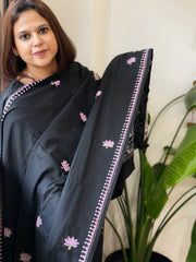 Black Handmade Kantha Dupatta in Pure Cotton