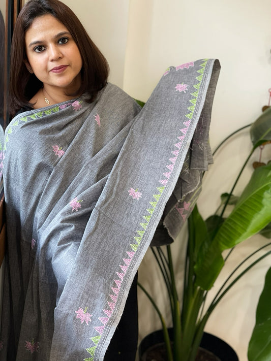 Grey Handmade Kantha Dupatta in Pure Cotton