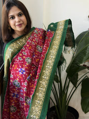 Pink, Green Handwoven Ikat Patola with Gotapatti & Pearl Handwork dupatta in Pure Silk