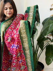 Pink, Green Handwoven Ikat Patola with Gotapatti & Pearl Handwork dupatta in Pure Silk