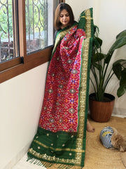 Pink, Green Handwoven Ikat Patola with Gotapatti & Pearl Handwork dupatta in Pure Silk