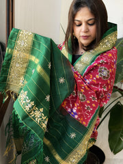 Pink, Green Handwoven Ikat Patola with Gotapatti & Pearl Handwork dupatta in Pure Silk