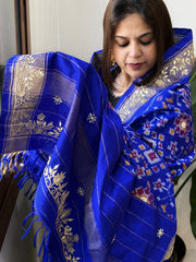 Royal Blue Handwoven Ikat Patola with Gotapatti & Pearl Handwork dupatta in Pure Silk
