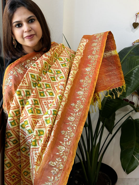 Lite Yellow Handwoven Ikat Patola with Gotapatti & Pearl Handwork dupatta in Pure Silk