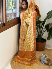 Lite Yellow Handwoven Ikat Patola with Gotapatti & Pearl Handwork dupatta in Pure Silk