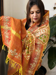 Lite Yellow Handwoven Ikat Patola with Gotapatti & Pearl Handwork dupatta in Pure Silk