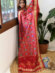 Red Handwoven Ikat Patola with Gotapatti & Pearl Handwork dupatta in Pure Silk