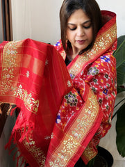 Red Handwoven Ikat Patola with Gotapatti & Pearl Handwork dupatta in Pure Silk