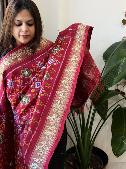 Pink Handwoven Ikat Patola with Gotapatti & Pearl Handwork dupatta in Pure Silk