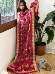 Pink Handwoven Ikat Patola with Gotapatti & Pearl Handwork dupatta in Pure Silk