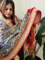 Grey Handwoven Ikat Patola with Gotapatti & Pearl Handwork dupatta in Pure Silk