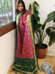Green, Pink Handwoven Ikat Patola with Gotapatti & Pearl Handwork dupatta in Pure Silk