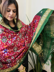 Green, Pink Handwoven Ikat Patola with Gotapatti & Pearl Handwork dupatta in Pure Silk