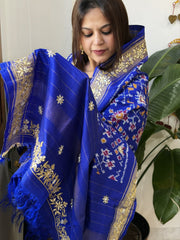 Royal Blue Handwoven Ikat Patola with Gotapatti & Pearl Handwork dupatta in Pure Silk