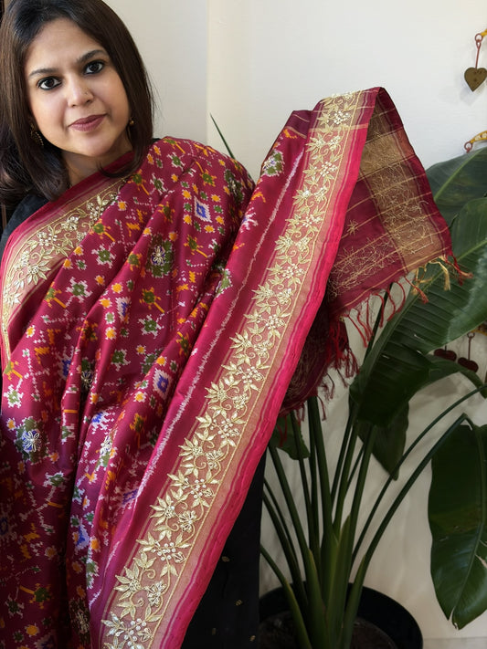 Pink Handwoven Ikat Patola with Gotapatti & Pearl Handwork dupatta in Pure Silk