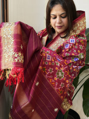 Pink Handwoven Ikat Patola with Gotapatti & Pearl Handwork dupatta in Pure Silk