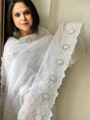 White Kota Cotton Dupatta with Cut Work