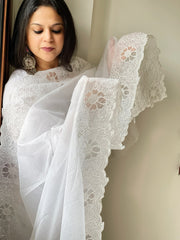 White Kota Cotton Dupatta with Cut Work