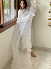 White Kota Cotton Dupatta with Cut Work