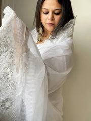 White Kota Cotton Dupatta with Cut Work