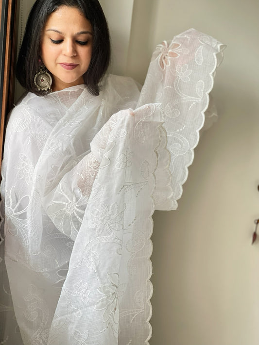 White Kota Cotton Dupatta with Cut Work Jaal