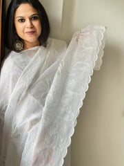 White Jaal Cut Work Dupatta in Kota Cotton