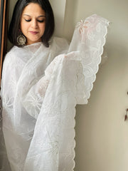 White Jaal Cut Work Dupatta in Kota Cotton