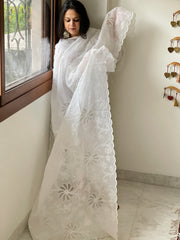 White Jaal Cut Work Dupatta in Kota Cotton