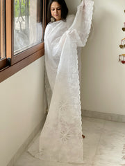 White Jaal Cut Work Dupatta in Kota Cotton