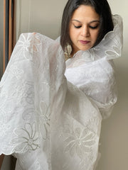 White Jaal Cut Work Dupatta in Kota Cotton