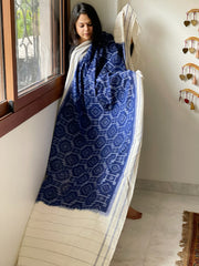 Blue, White Handwoven Ikat Dupatta in Cotton