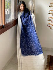 Blue, White Handwoven Ikat Dupatta in Cotton
