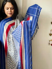 Blue, White Handwoven Ikat Dupatta in Cotton