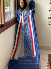 Blue, White Handwoven Ikat Dupatta in Cotton