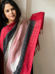 Red, White Handwoven Ikat Dupatta in Cotton