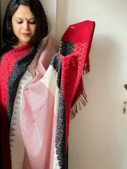 Red, White Handwoven Ikat Dupatta in Cotton