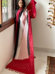 Red, White Handwoven Ikat Dupatta in Cotton