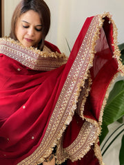 Reddish Maroon Chiffon Georgette Dupatta with Sequin Buta and Heavy Embroidered Border