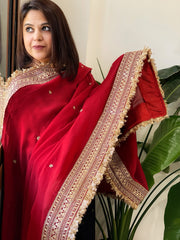 Reddish Maroon Chiffon Georgette Dupatta with Sequin Buta and Heavy Embroidered Border