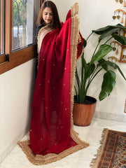 Reddish Maroon Chiffon Georgette Dupatta with Sequin Buta and Heavy Embroidered Border