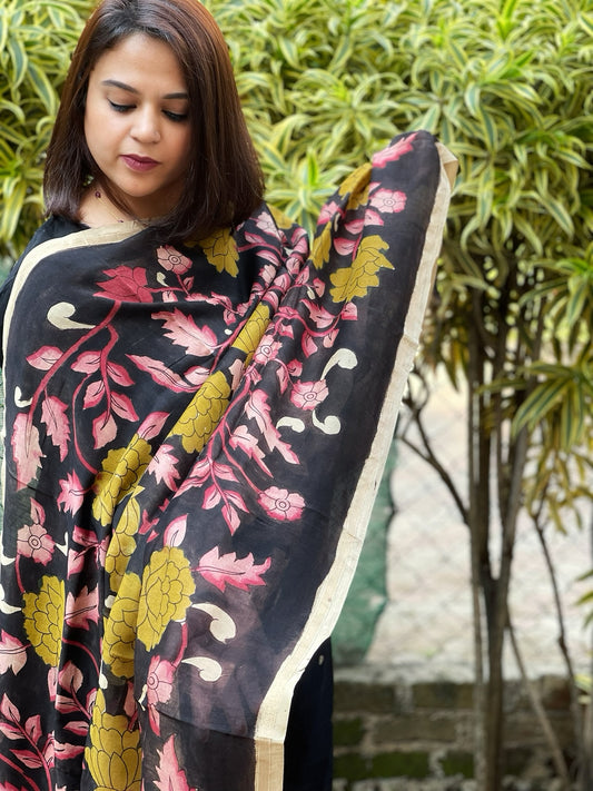 Handpainted Kalamkari Dupatta in Chanderi Silk