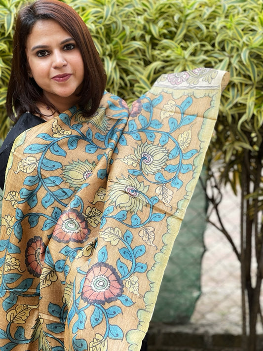 Handpainted Kalamkari Dupatta in Tussar Silk